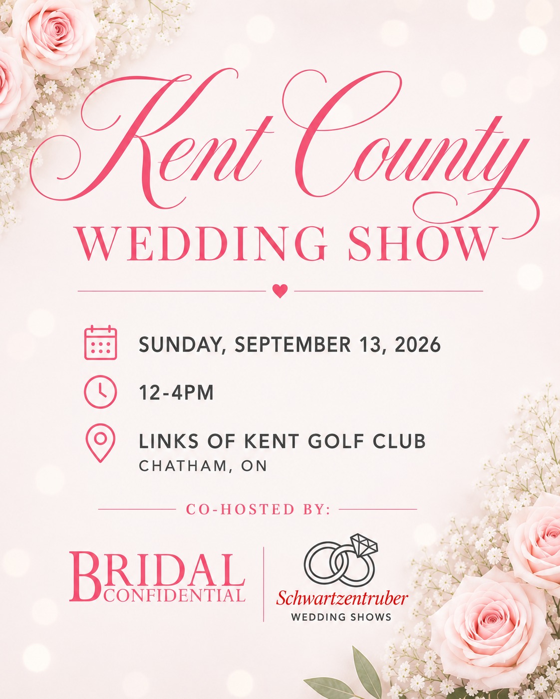 💍The Kent County Wedding Show is back with a NEW location!

Chatham-Kent, mark your calendars:

📅 Sunday, September 13, 2026
⏰ 12:00 PM – 4:00 PM
📍 Links of Kent Golf & Event Centre, Chatham, ON

Whether you're newly engaged or counting down the days until "I Do," this is your chance to meet amazing local wedding vendors, discover fresh ideas, score exclusive show specials, and plan your dream day all in one place. 💐👰🤵

🎟️ FREE admission with advance registration
💵 $5 at the door

✨ NEW VENUE for 2026!
Come explore the beautiful Links of Kent and connect with the best wedding professionals from across Chatham-Kent and Southwestern Ontario.

Tag your fiancé, bridal party, or wedding planning crew and make a day of it! 💕

Co-hosted by Bridal Confidential & Schwartzentruber Wedding Shows

Learn more @ bridalconfidential.com/wedding-events

#KentCountyWeddingShow #ChathamOntario #WeddingPlanning #OntarioBride #EngagedInOntario #WeddingInspiration #BridalConfidential #WeddingShow #SWOntarioWeddings #WeddingVendors #BrideToBe #WeddingExpo