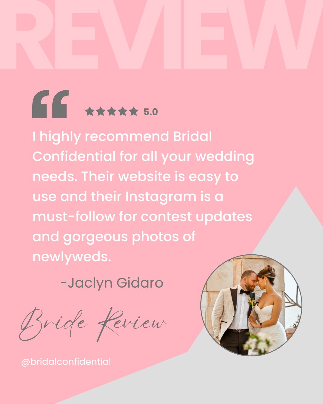 5🌟 Bride Review Spotlight 💍

"I highly recommend Bridal Confidential for all your wedding needs. Their website is easy to use and their Instagram is a must-follow for contest updates and gorgeous photos of newlyweds." – Jaclyn from Toronto, ON💍

From finding trusted local vendors across Southern Ontario to ticking off your wedding to-do list, Bridal Confidential makes wedding planning simple, stress-free, and enjoyable! ✅

Looking to make your wedding planning a breeze too? Discover how we can help: www.bridalconfidential.com

#BrideReview #BridalConfidential #WeddingPlanning #5StarReview #OntarioWeddings #GTAWeddings