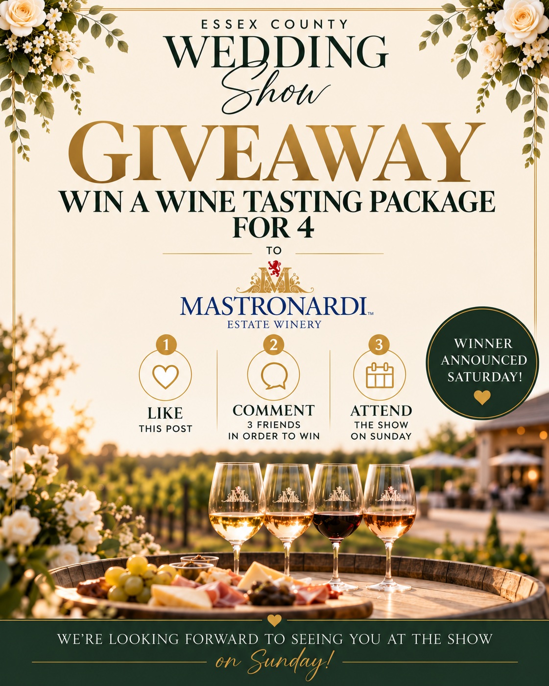 🍷 GIVEAWAY ALERT! WIN A WINE TASTING EXPERIENCE FOR 4! 🍷

We're celebrating the Essex County Wedding Show with an exciting giveaway, proudly sponsored by Bridal Confidential & Schwartzentruber Wedding Shows! 💍✨

One lucky winner will receive a Wine Tasting Package for 4 at Mastronardi Estate Winery! 🥂

HOW TO ENTER:

❤️ 1. LIKE this post!

💬 2. COMMENT and tag 3 friends you'd love to bring along!

💍 3. ATTEND the Essex County Wedding Show this Sunday!

🎉 WINNER ANNOUNCED SATURDAY, OCTOBER 24!

We can't wait to welcome you for an incredible afternoon of wedding inspiration, amazing local vendors, exclusive show specials, and more!

📅 Sunday, October 25, 2026
🕛 12 PM – 4 PM
📍 Mastronardi Estate Winery | Kingsville, ON

🎟️ FREE ADMISSION if you pre-register at bridalconfidential.com/wedding-events

💕 Contest proudly sponsored by Bridal Confidential & Schwartzentruber Wedding Shows, your co-hosts of the Essex County Wedding Show!

*This giveaway is not sponsored, endorsed, or administered by Instagram. Wine tasting is for guests of legal drinking age only.*